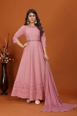 Pink colour heavy resham embroidery work ethnic gown with dupatta 1