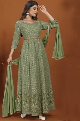 Pista colour heavy resham embroidery gown with dupatta 1