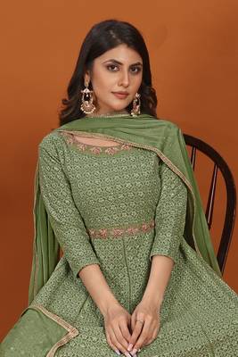 Pista colour heavy resham embroidery gown with dupatta 2