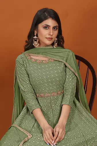 Pista colour heavy resham embroidery gown with dupatta