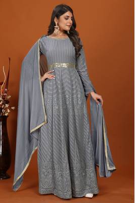 Grey colour heavy resham embroidery gown with dupatta 1