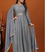 Grey colour heavy resham embroidery work designer ethnic gown with dupatta
