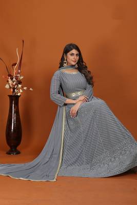 Grey colour heavy resham embroidery gown with dupatta 2