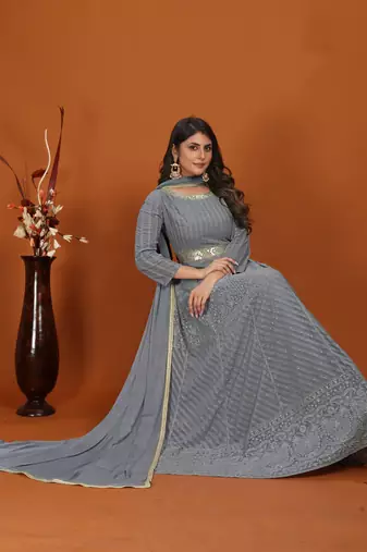 Grey colour heavy resham embroidery gown with dupatta