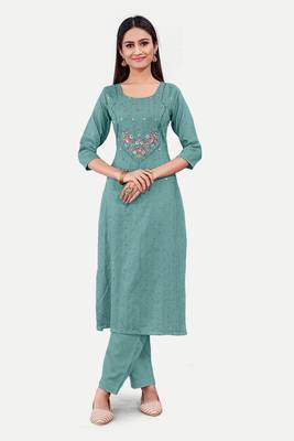 Sea green colour cotton fabric readymade suit with resham work for formal looks 1