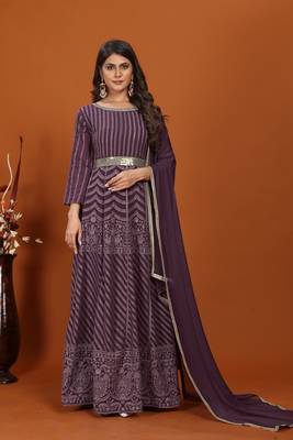 Wine colour heavy resham embroidery gown with dupatta 1