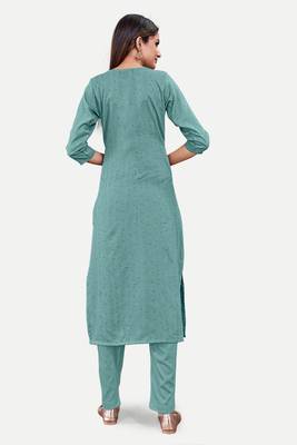 Sea green colour cotton fabric readymade suit with resham work for formal looks 2