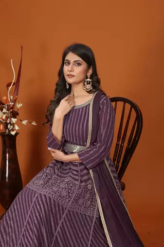 Wine colour heavy resham embroidery gown with dupatta