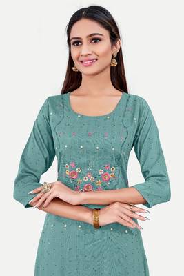 Sea green colour cotton fabric readymade suit with resham work for formal looks 3