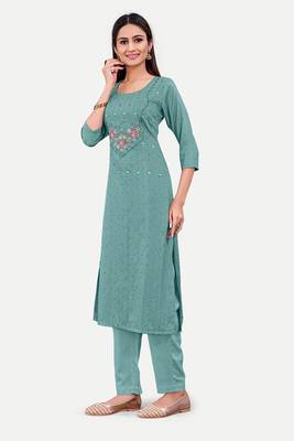 Sea green colour cotton fabric readymade suit with resham work for formal looks 4