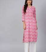 women pink cotton floral printed straight kurta