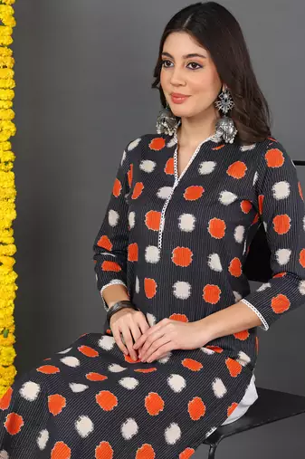 women charcoal cotton abstract printed straight kurta