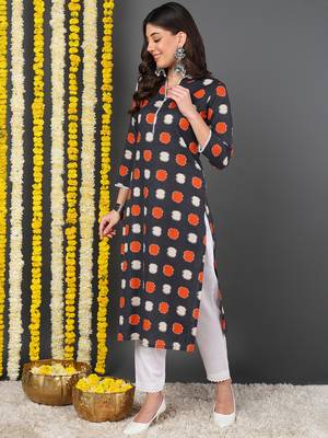 women charcoal cotton abstract printed straight kurta 3