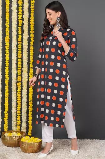 women charcoal cotton abstract printed straight kurta