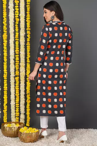 women charcoal cotton abstract printed straight kurta