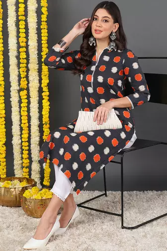 women charcoal cotton abstract printed straight kurta