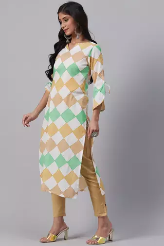 women multi cotton checked printed straight kurta