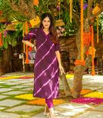 Beautiful purple colour musleen fabric leheriya printed rajasthani ethnic kurta set for festive looks