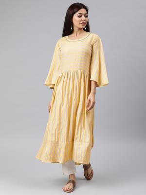 women yellow cotton striped printed a-line kurta 1