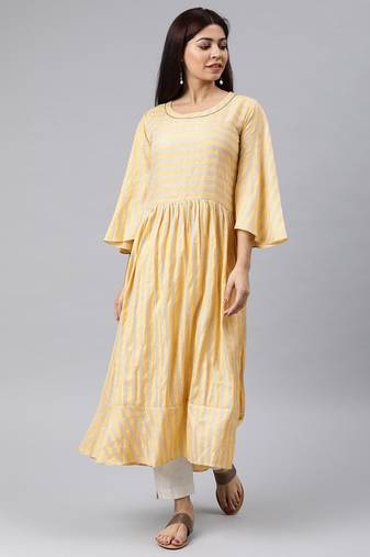 women yellow cotton striped printed a-line kurta