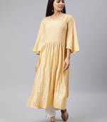 women yellow cotton striped printed a-line kurta
