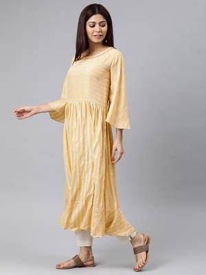 women yellow cotton striped printed a-line kurta 3