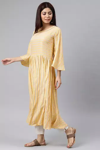 women yellow cotton striped printed a-line kurta