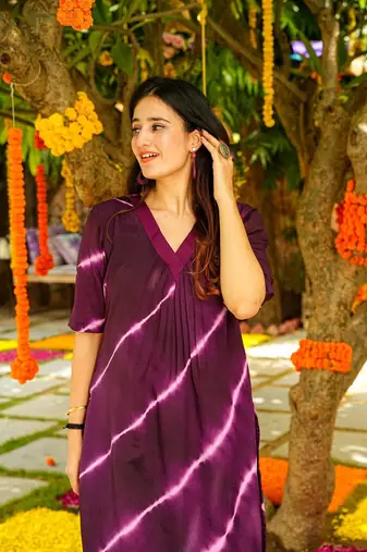 Beautiful purple colour musleen leheriya printed rajasthani kurta set for festive looks