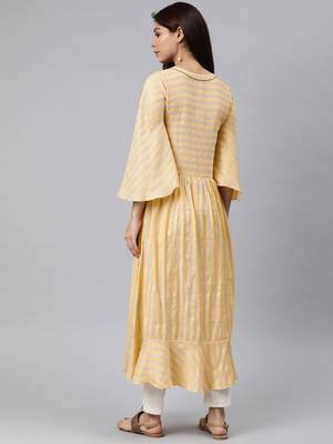 women yellow cotton striped printed a-line kurta 4