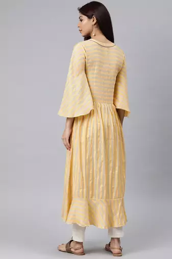 women yellow cotton striped printed a-line kurta