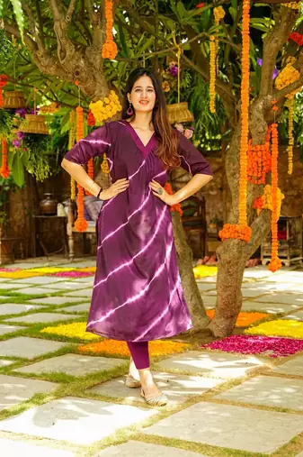 Beautiful purple colour musleen leheriya printed rajasthani kurta set for festive looks