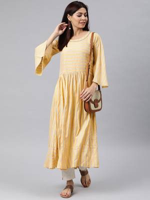 women yellow cotton striped printed a-line kurta 5