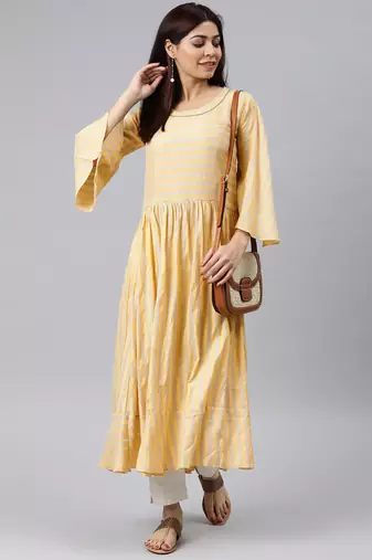 women yellow cotton striped printed a-line kurta