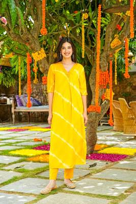 Beautiful yellow colour musleen leheriya printed rajasthani kurta set for festive looks 1