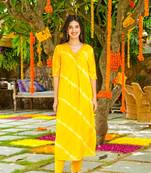 Beautiful yellow colour musleen fabric leheriya printed rajasthani ethnic kurta set for festive looks