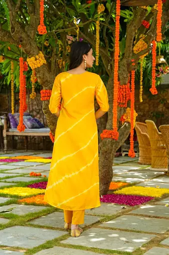Beautiful yellow colour musleen leheriya printed rajasthani kurta set for festive looks