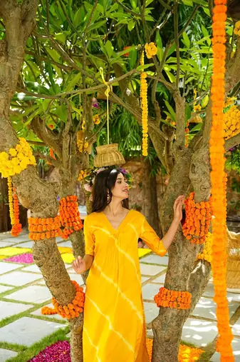 Beautiful yellow colour musleen leheriya printed rajasthani kurta set for festive looks