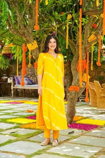 Beautiful yellow colour musleen leheriya printed rajasthani kurta set for festive looks