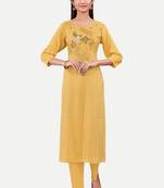 Yellow colour cotton fabric readymade suit with resham work for formal looks