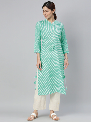 women sea green cotton leheriya printed straight kurta 1
