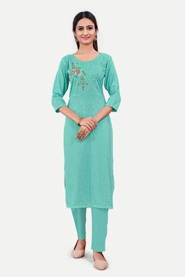 Blue colour cotton fabric readymade suit with resham work for formal looks 1