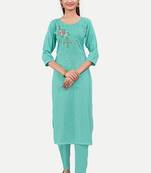 Blue colour cotton fabric readymade suit with resham work for formal looks