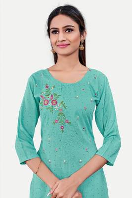 Blue colour cotton fabric readymade suit with resham work for formal looks 3