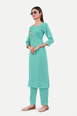 Blue colour cotton fabric readymade suit with resham work for formal looks 4