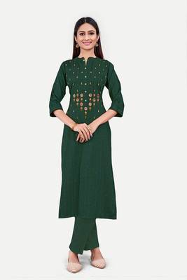 Green colour cotton fabric readymade suit with resham work for formal looks 1