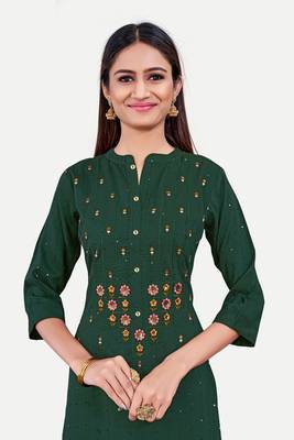 Green colour cotton fabric readymade suit with resham work for formal looks 3