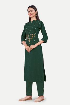 Green colour cotton fabric readymade suit with resham work for formal looks 4