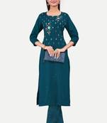Teal colour cotton fabric readymade suit with resham work for formal looks