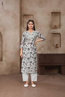 Smart and ethnic cotton fabric grey chikankari work kurta set 1