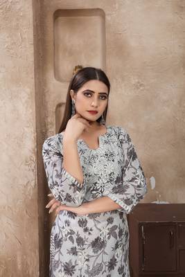 Smart and ethnic cotton fabric grey chikankari work kurta set 3